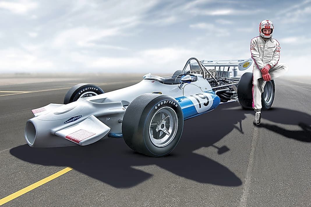 Den BT33 fuhr Jack Brabham noch selber. Bei dem 1:18er von Tecnomodel geht der F1 von Rolf Stommelen mit „ams“- Logos an den Start.