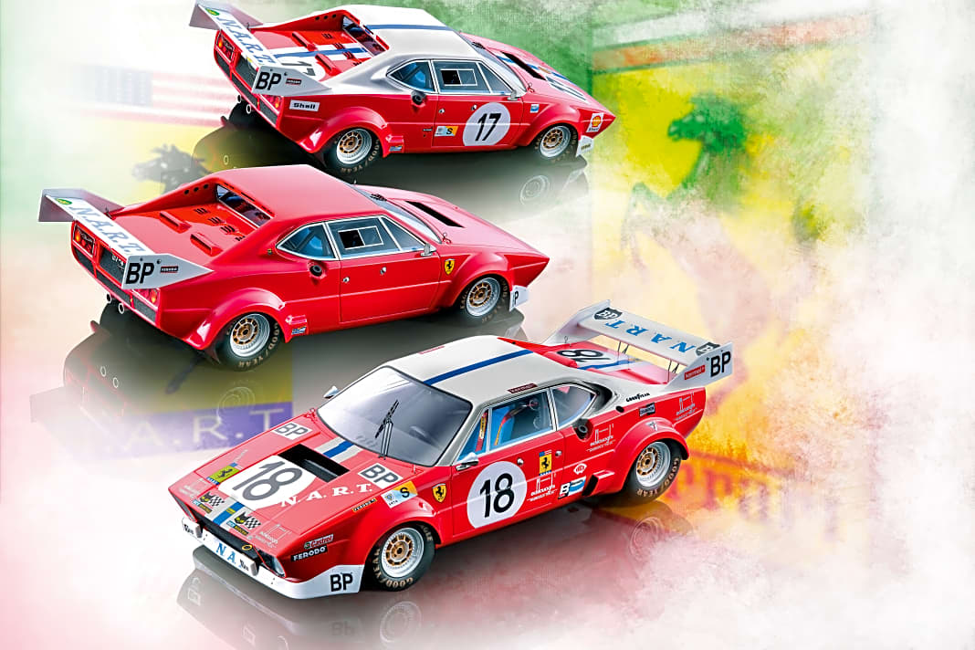 Le Mans-Renner von 1975, Vorserienversion und Le-Mans-Starter 1974 des 308 GT4 NART von Tecnomodel in 1:18 (von oben)