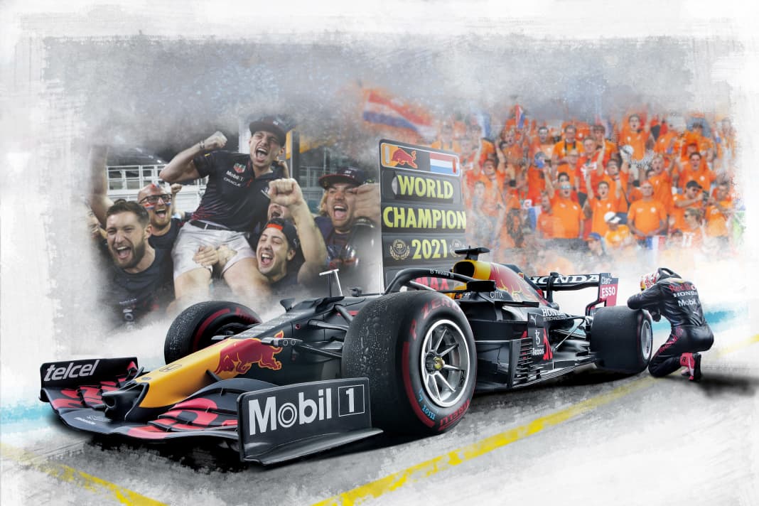 Das 1:12-Modell des Siegerautos von Abu Dhabi 2021 fängt einen ganz emotionalen Moment von Max Verstappen ein