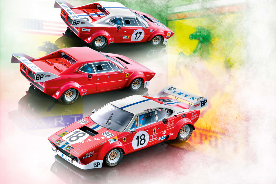 Le Mans-Renner von 1975, Vorserienversion und Le-Mans-Starter 1974 des 308 GT4 NART von Tecnomodel in 1:18 (von oben)