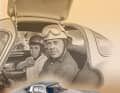 Das große Bild zeigt Rudolf Uhlenhaut zusammen mit seinem Sohn in dem Coupé des Mercedes 300 SLR, das ab 1955 seinen Namen trug