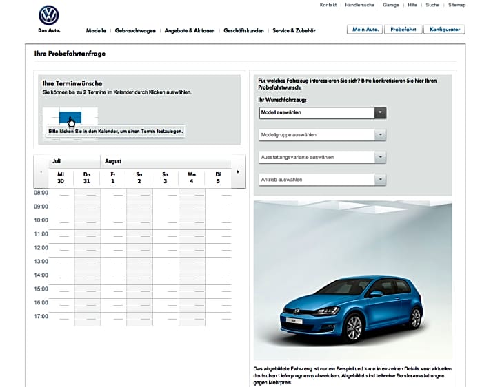   Einfach mal Probe fahren – mit dem neuen Probefahrtenmodul von Volkswagen lassen sich Termine einfach und effizient koordinieren