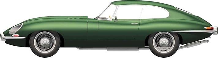 Die Seitenansicht zeigt die ungewöhnlich rassigen Proportionen des Jaguar E-Type vielleicht am eindruckvollsten. Airfix zeichnet bei seinem 1:43-Kit das Coupé nach. ]