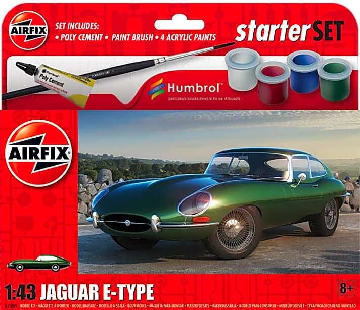Bausatzlegende Airfix bringt zum Briten-Klassiker Jaguar E-Type gleich ein Starterset mit vier ausgesuchten Farben, einem Pinsel und passendem Klebstoff für die Kunststoffteile auf den Markt]