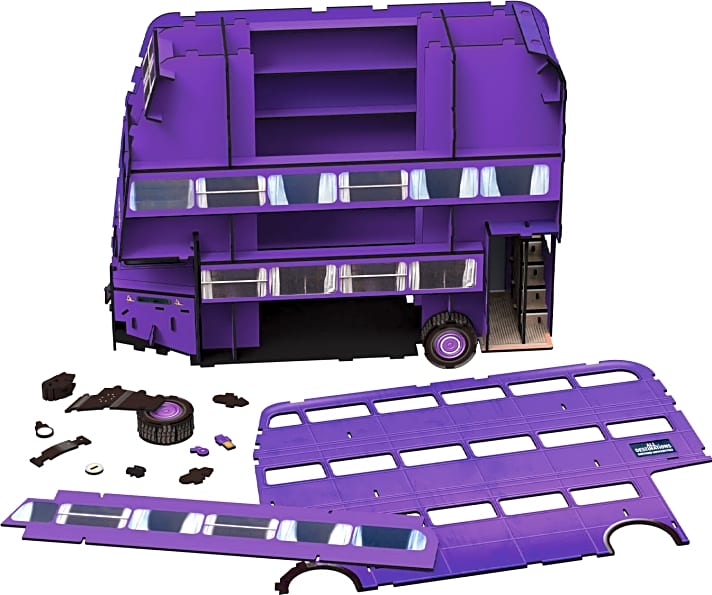 Das Foto zeigt, wie Revell das 3D-Puzzle seines “Knight Bus” aus dem Harry-Potter-Film technisch in die einzelnen Bauteile zerlegt hat. Bauanleitung und Passgenauigkeit sind okay!]
