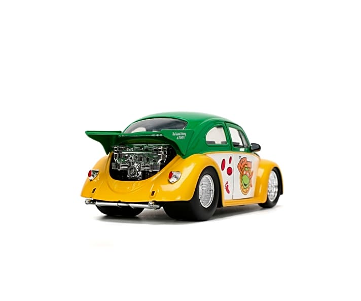 Die Hinterreifen des Volkswagen Käfer haben Dragster-Format und die Leistung des verchromten Boxermotors unter dem Heckflügel wahrscheinlich auch. Der ist schneller als jede Schildkröte.]