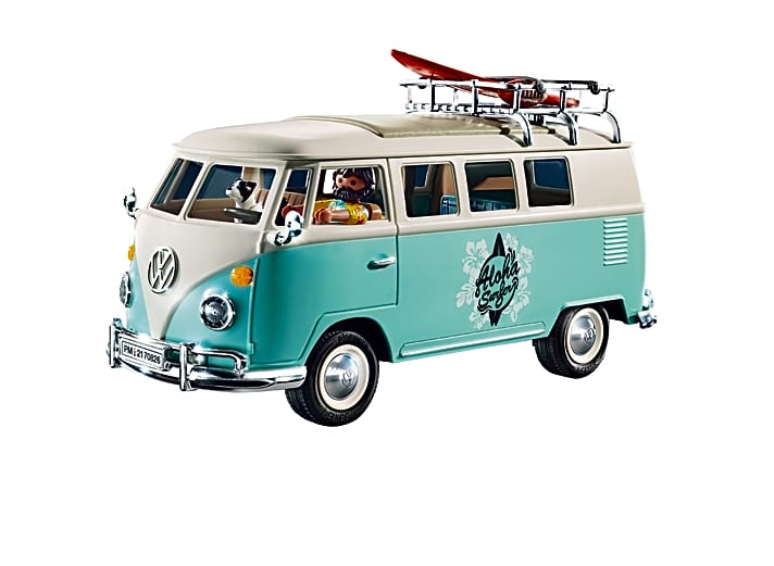 Der Volkswagen Bulli aus der “Special Editon” von Playmobil sendet einen “Aloha”-Gruß an alle Surfer und kommt mit Bartträger als Fahrer