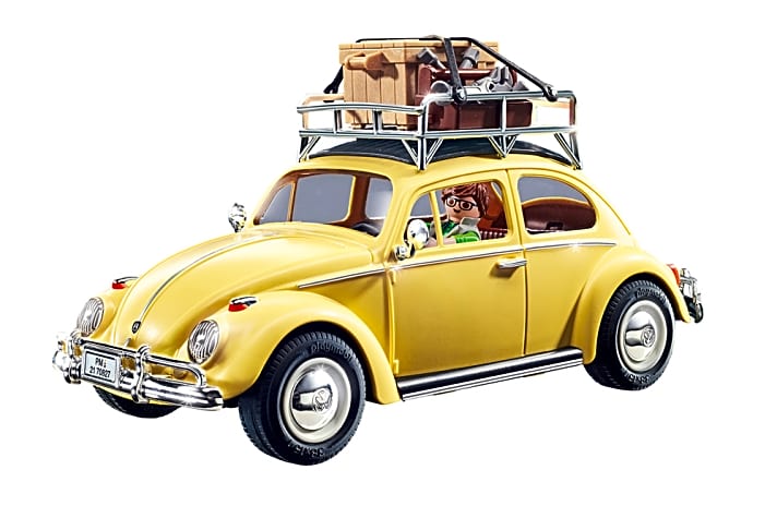 Dass der beige Käfer nicht in den Urlaub, sondern eher zur Arbeit fährt, zeigt das Playmobil-Gepäck auf dem Dachträger