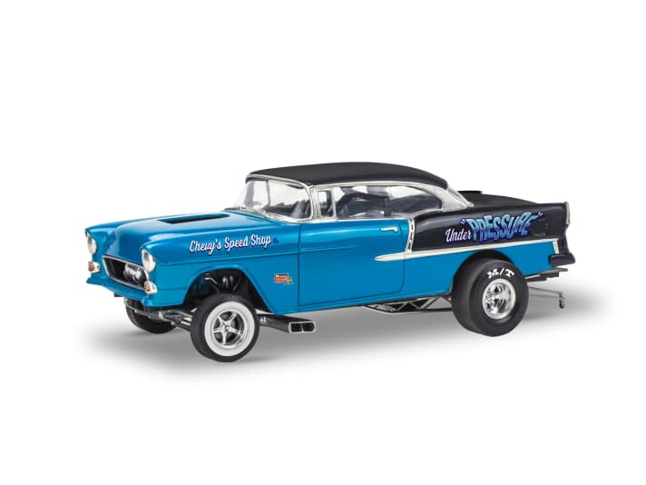 Die zweite Version, die sich aus dem Revell-Kit zum ‘55 Chevrolet Bel Air in 1:24 bauen lässt, hat eine ganz andere Farbgebung und besitzt außerdem Sidepipes als Auspuffanlage]Foto:Werk
