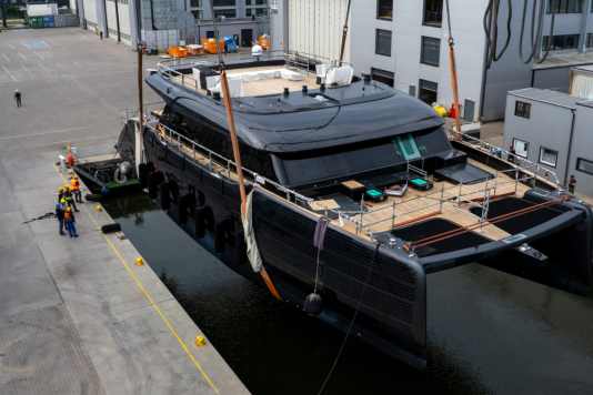 A large catamaran with electric propulsion and solar power