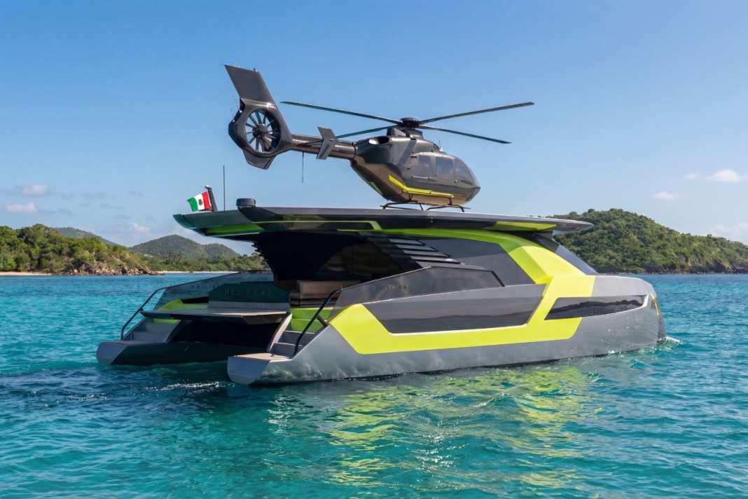 Helicopter landing pad on two fuselages