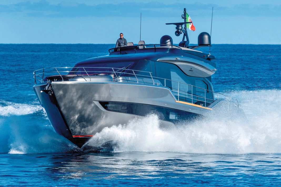Sporty flybridge yacht on test