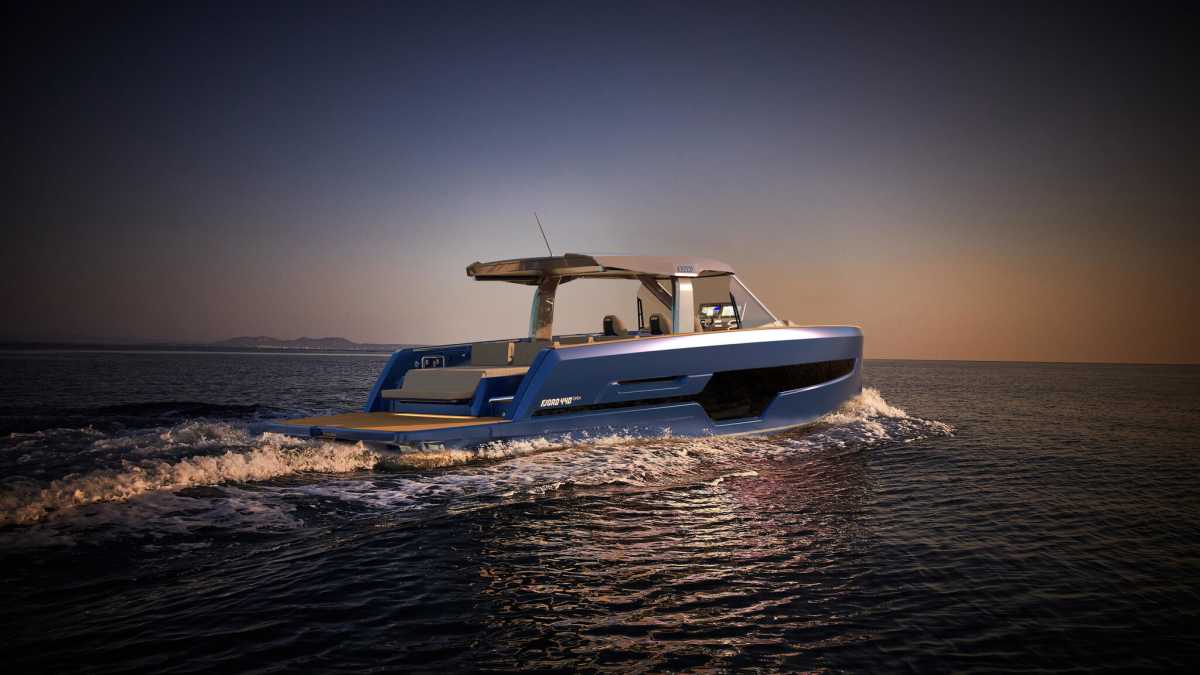 FJORD 440 Open на ходу, вид с кормы (визуализация верфи)