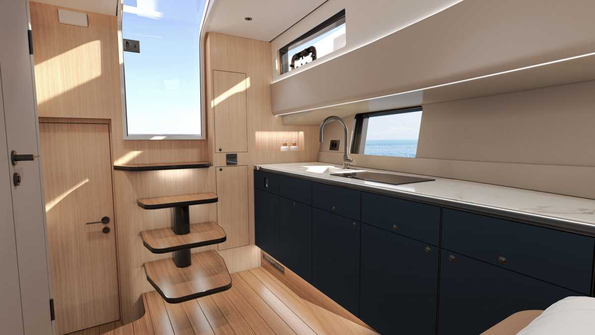 Камбуз и проход к каютам FJORD 440 Open (иллюстрация)