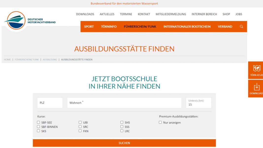 Bootsführerschein: Neue Suchfunktion für Ausbildungsstätten beim DMYV