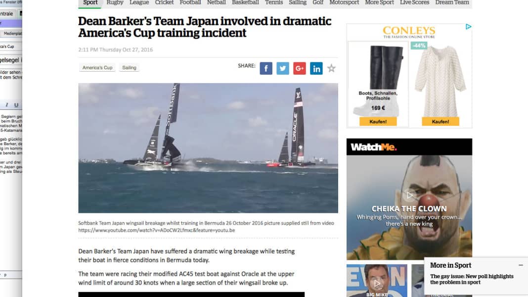America's Cup: Wingsail broken during training