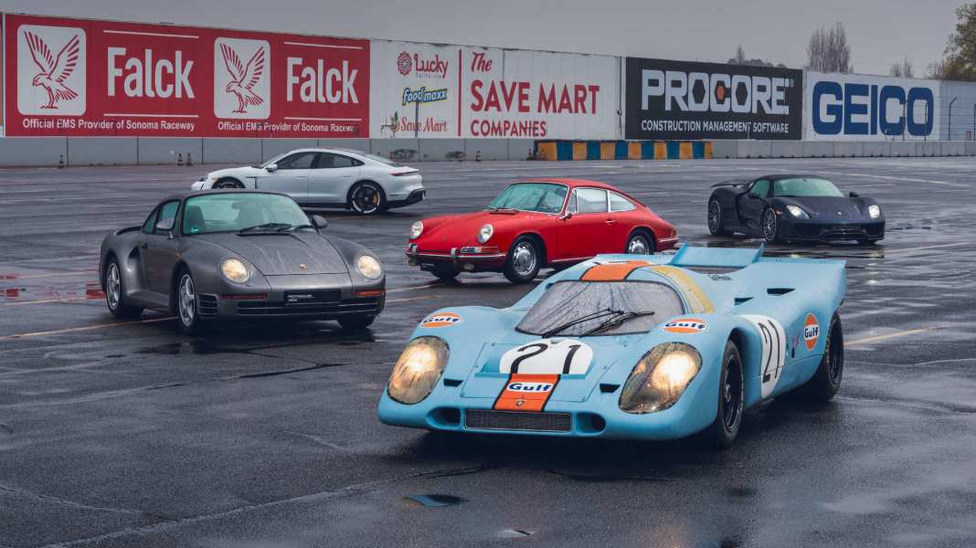 Porsche Supersportwagen auf der Rennstrecke: 901, 917, 959, 918 Spyder,Taycan