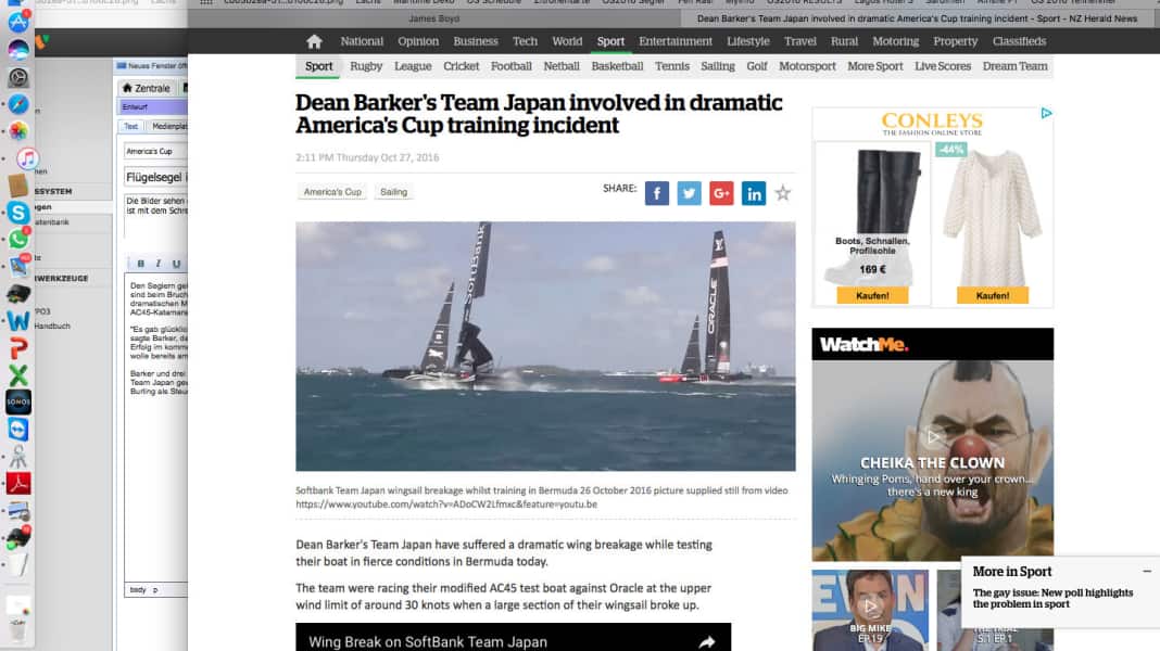 America's Cup: Flügelsegel im Training gebrochen