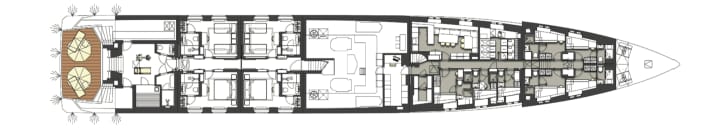 Lower deck: The four double cabins lead directly to the gym, spa or beach club. The large engine room is located amidships