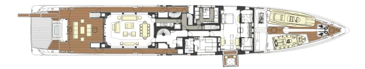 Main deck: The master suite is classically located, with an additional cabin to starboard behind it.
additional cabin