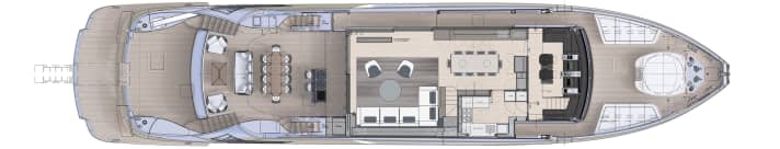 The asymmetrical layout brings the saloon close to the water on the starboard side.