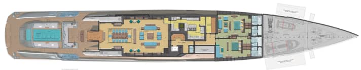 Beletage: A luggage compartment has been planned between the galley and the VIPs. The tenders are stored in the bow.