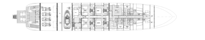 Unter Deck: Der Crewbereich nebst Galley liegt unter der Mastersuite. Dahinter haben die Gäste ihre Suiten – neben der Tendergarage | Abbildung: