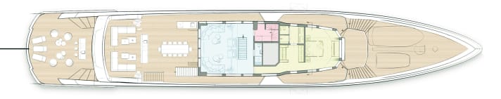 Privat: Vorn auf dem kurzen Oberdeck hat der Eigner sein Reich, mit Mini-Pool voraus. Die Lounge achtern ist kleiner als das Außendeck.