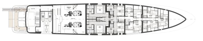 Guest area: Four suites are located on the lower deck, a fifth cabin is located on the upper deck behind the captain's cabin.