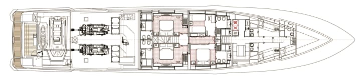 Lower deck: The crew sleeps at the very front, the guests stay in four suites in the centre. At the stern, there is space for a tender store next to the beach club.