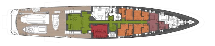 Main deck: The cinema is located opposite the commercial galley and behind the guest quarters. The huge games room is at the far aft.