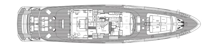 Master suite 2: On construction number one, Mangusta realised an aft deck reserved for owners. The lounge has been moved to the sun deck.