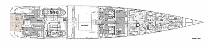 Unterdeck: Das Gym beschränkt die Zahl der Gästekabinen auf zwei. Achtern bleibt Raum für Tender, Toys, Spa und den Beachclub.