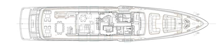 Upper deck: The captain has his kingdom behind the wheelhouse. The gym opposite can be converted into another suite on request.