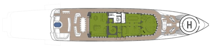 Upper deck: The lift has two entrances and leads from the lower deck to the bridge deck. The outside panel is ideal for banquets.