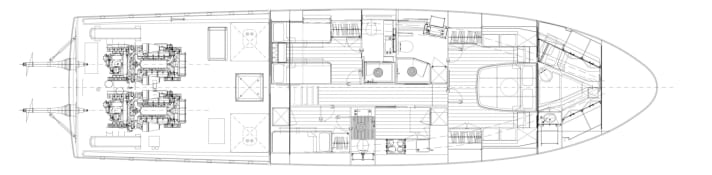 Layout: Two marineros sleep in the bow, in front of the master suite and galley. The two aft cabins have their own bathrooms.