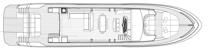 Hauptdeck: Hier ist das Salonlayout mit stärker voneinander abgetrennten Bereichen zu sehen. 
Der Steuerstand ist zu beiden Seiten offen.