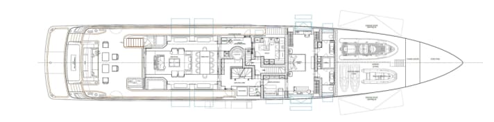 Main deck: A galley adjoins the galley, with access to the dining area in the saloon. The crew use their own staircase.