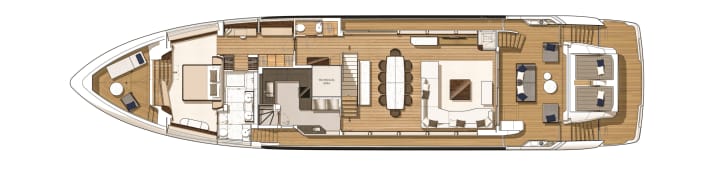 Hauptdeck: Das Seitendeck an Backbord führt vom Cockpit bis auf die Flybridge. Gut verdeckt und mitten im Salon liegt das Treppenhaus, das drei Decks miteinander verbindet