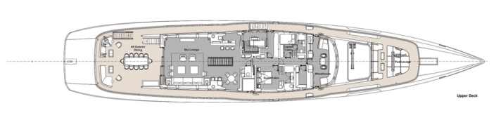 Upper deck: A guest cabin is located to starboard, the central staircase is the direct connection between the Sky Lounge and the main saloon.