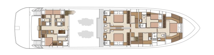 Wohndecks: Die Galley gibt es offen oder geschlossen, das Cockpit mit Speiseplatz oder ohne. Auf dem Unterdeck ist die Anordnung der  Crewkabinen variabel