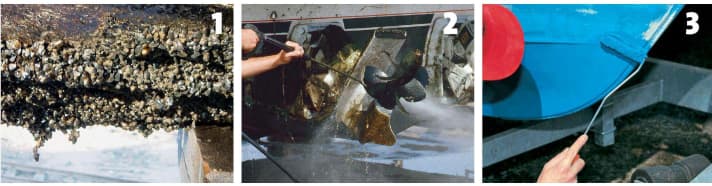 Mussel and barnacle growth on the underwater hull (1) or on the drives and propellers (2) must be removed regularly with a high-pressure cleaner or brush. The antifouling coating (3) should be renewed once a season