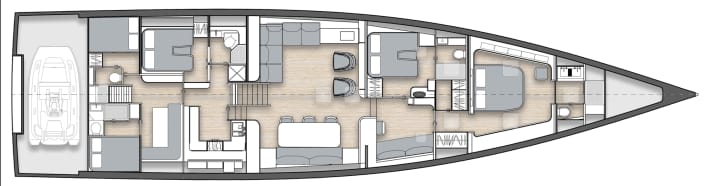 Saloon: Dining takes place on the starboard side in the living area, while the sofa and armchair ensemble opposite can also be used for a cosy evening at the cinema thanks to the large-screen TV. The owner's suite in the bow: In addition to a walk-in wardrobe, the cabin offers plenty of storage space in surrounding sideboards and a bathroom with double washbasin and XL shower. Sails can be attached to the ceiling. | Map: BEX
