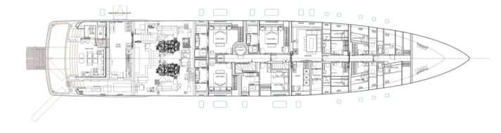 Lower deck: Rossinavi relies on "Zero Noise Technology". A well-insulated bulkhead separates the guest area from the engine compartment.