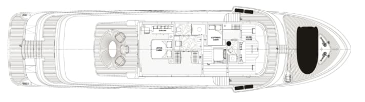 Oberdeck: Hier hat der Kapitän sein Reich. Statt eines zweiten Salons gibt es noch eine VIP-Suite mit extra-
breiten Durchgängen.