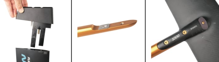 Neilpryde FR 90: The angle of the rear wing can be adjusted using small plates (centre).