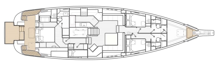 Owner in the stern: The master suite is located in front of the compact lazarette in construction number one, two large guest cabins are located in front of the higher saloon