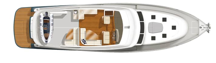 Hinter der Skylounge schließt sich das Cockpit an. Der Tender gelangt über einen Kran zu Wasser