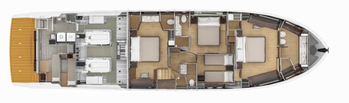 Lower deck: The master suite in the bow has a separate entrance. The day toilet
next to the staircase is used by guests in the smallest cabin with a separate entrance: BEX