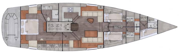 "Waldron" layout: The owner's suite with sofa alcoves and large bathroom is located in the stern, while his children occupy the cabins in front of the saloon. The crew lives in the bow